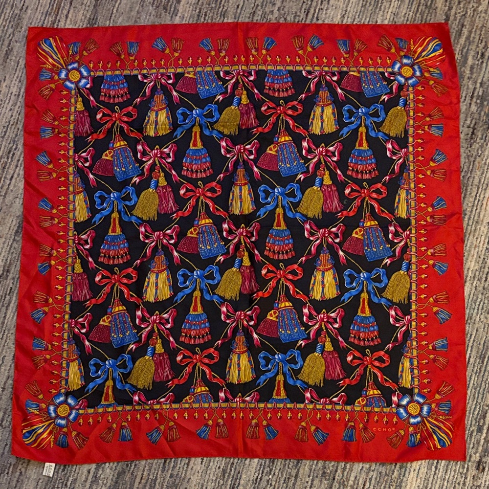 Echo Red and Black Scarf with Tassel and Bow Pattern